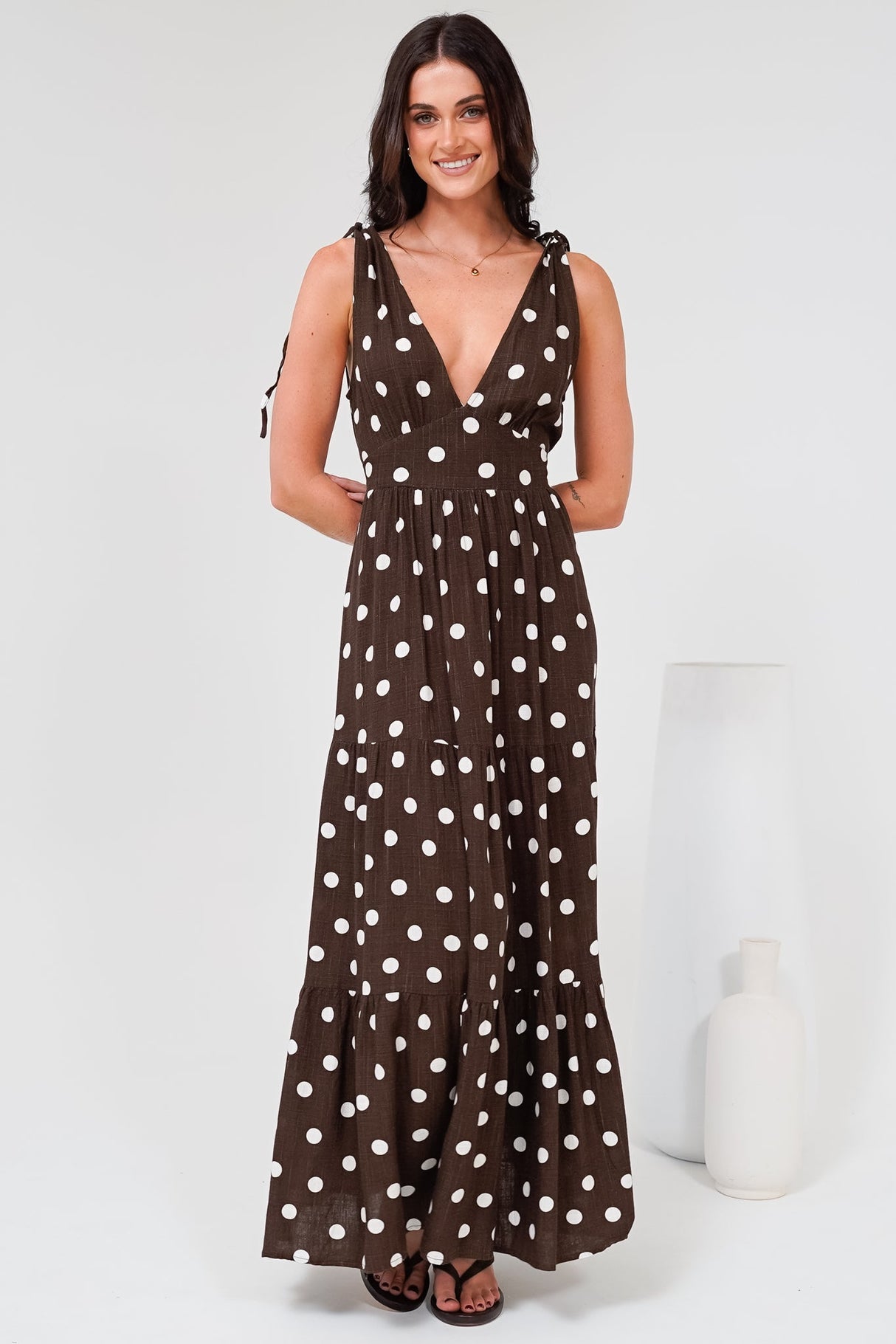 Maude Maxi Dress - Deep V-Neck Ties on Shoulders Tiered Dress in Kitson Spot Print Chocolate