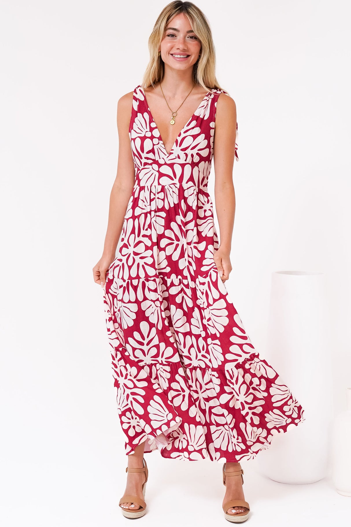 Maude Maxi Dress - Deep V-Neck Ties on Shoulders Tiered Dress in Lunie Print Red