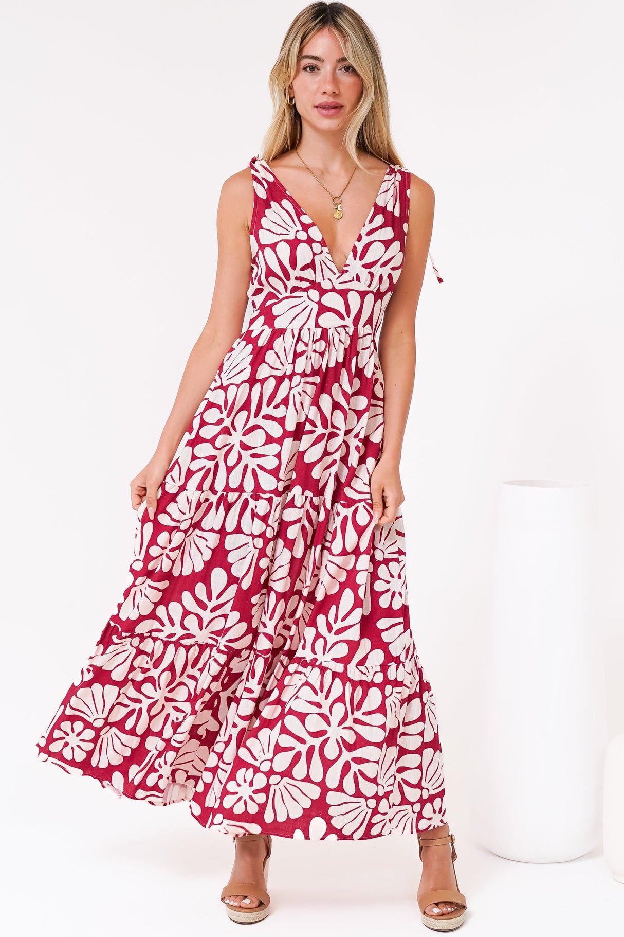 Maude Maxi Dress - Deep V-Neck Ties on Shoulders Tiered Dress in Lunie Print Red