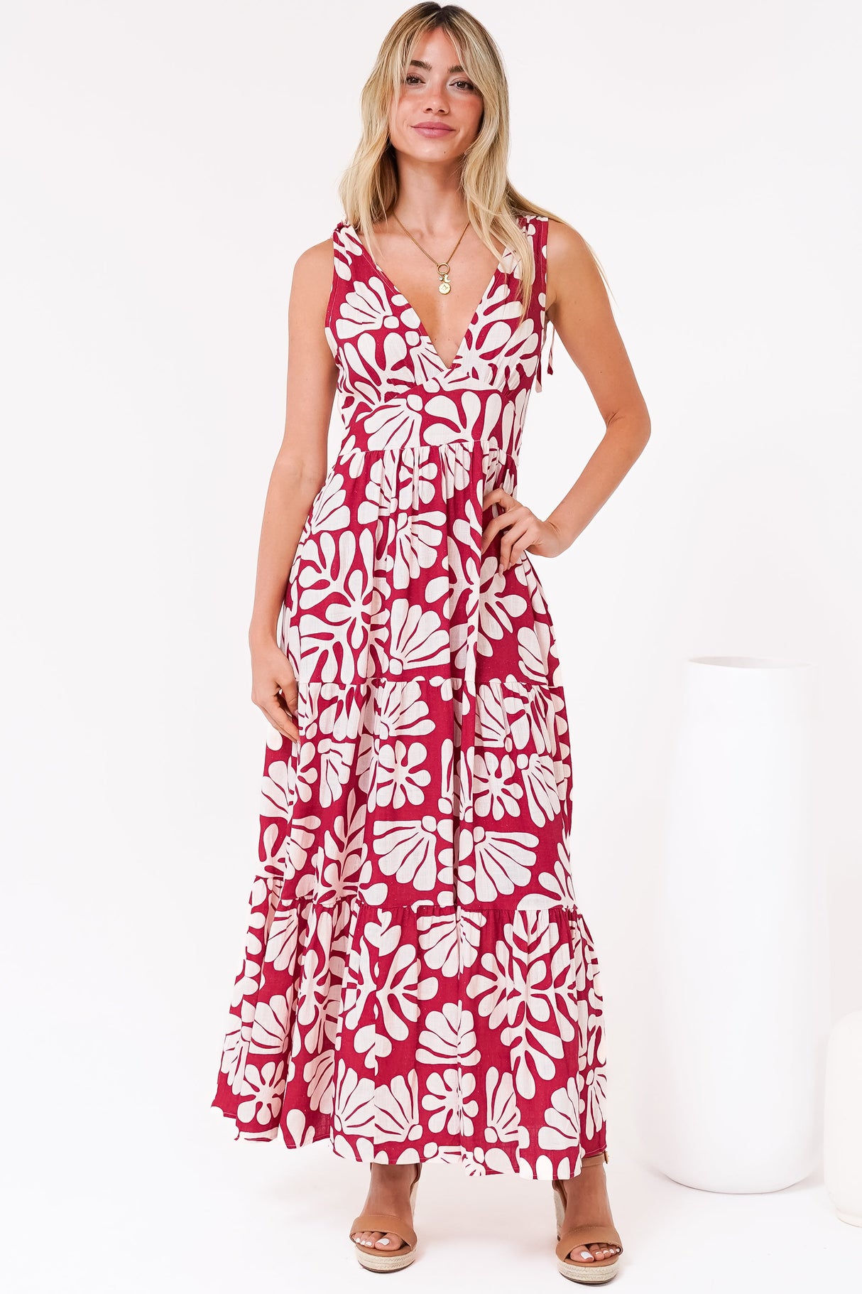 Maude Maxi Dress - Deep V-Neck Ties on Shoulders Tiered Dress in Lunie Print Red