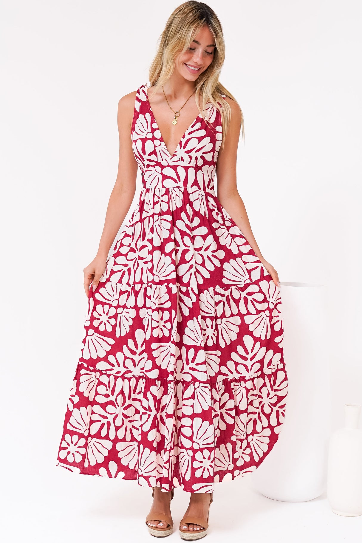 Maude Maxi Dress - Deep V-Neck Ties on Shoulders Tiered Dress in Lunie Print Red