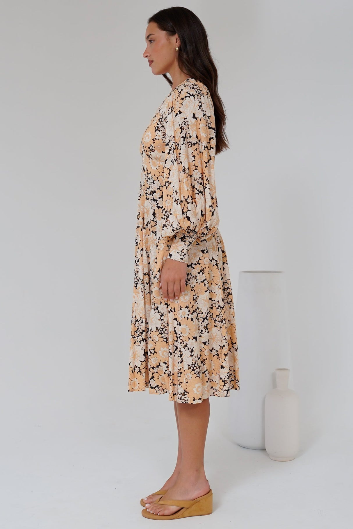 Maura Maxi Dress - A-Line Dress with Long Sleeves and Lace Trims in Lyanna Print