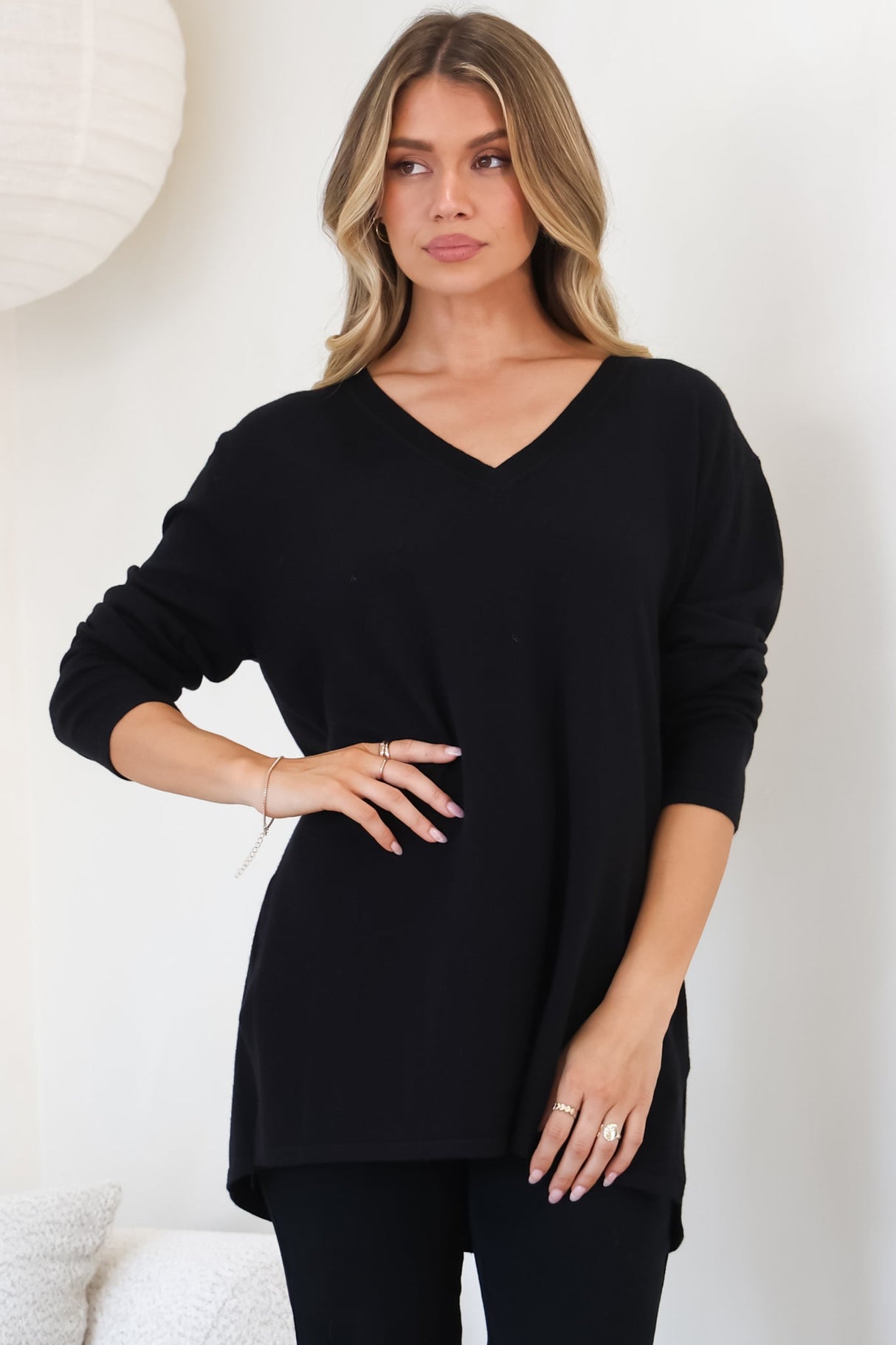 Mayanna Jumper - Light Weight V Neck Knit Jumper with Side Splits in Black