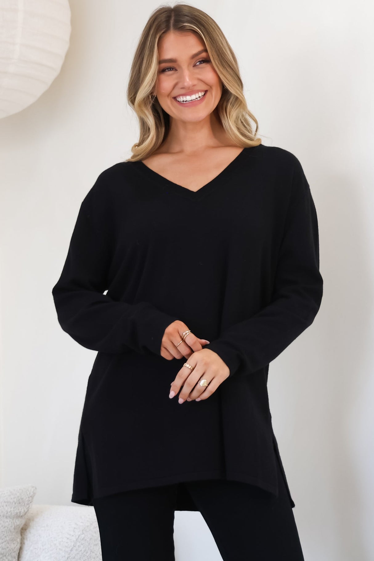 Mayanna Jumper - Light Weight V Neck Knit Jumper with Side Splits in Black