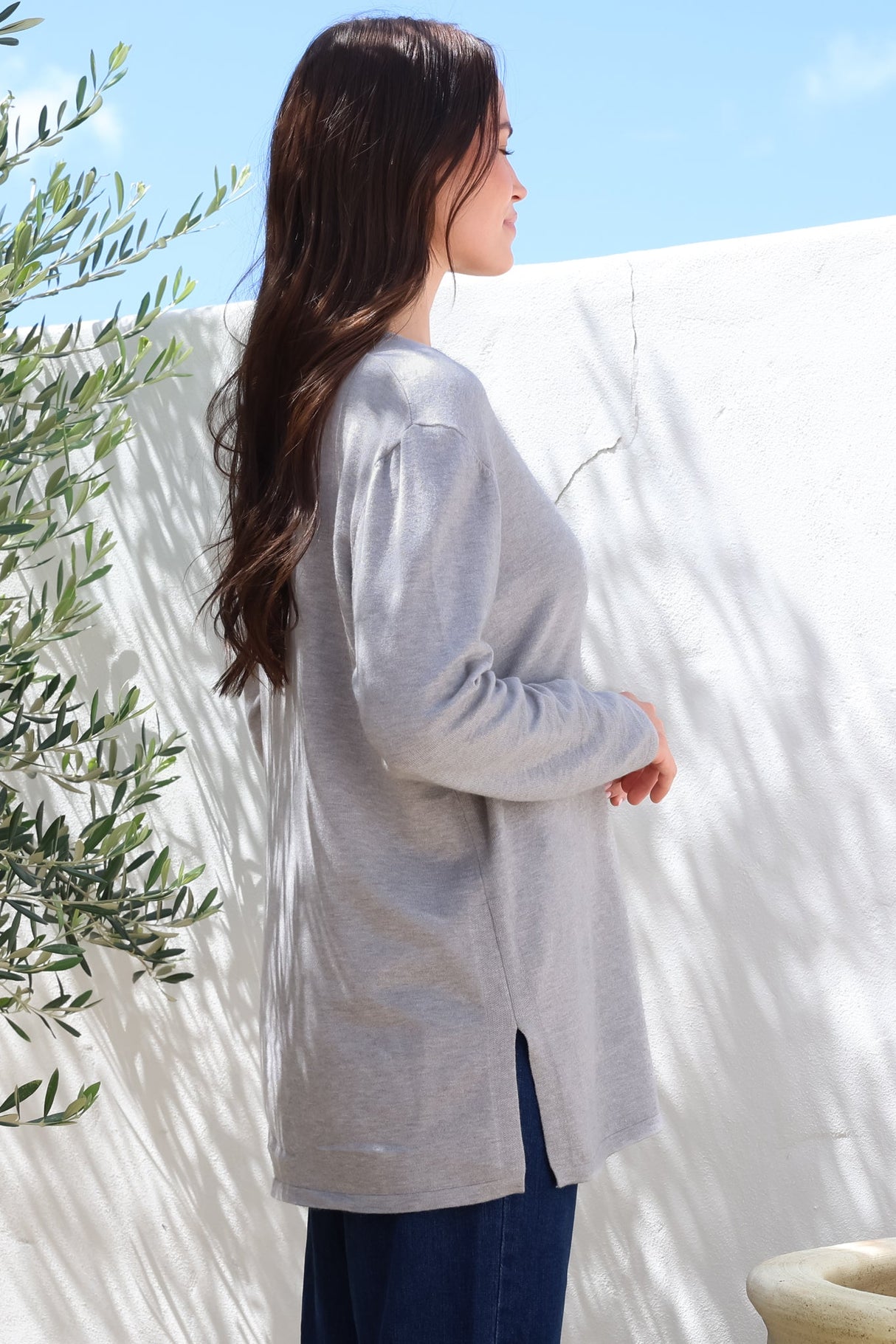 Mayanna Jumper - Light Weight V Neck Knit Jumper with Side Splits in Grey