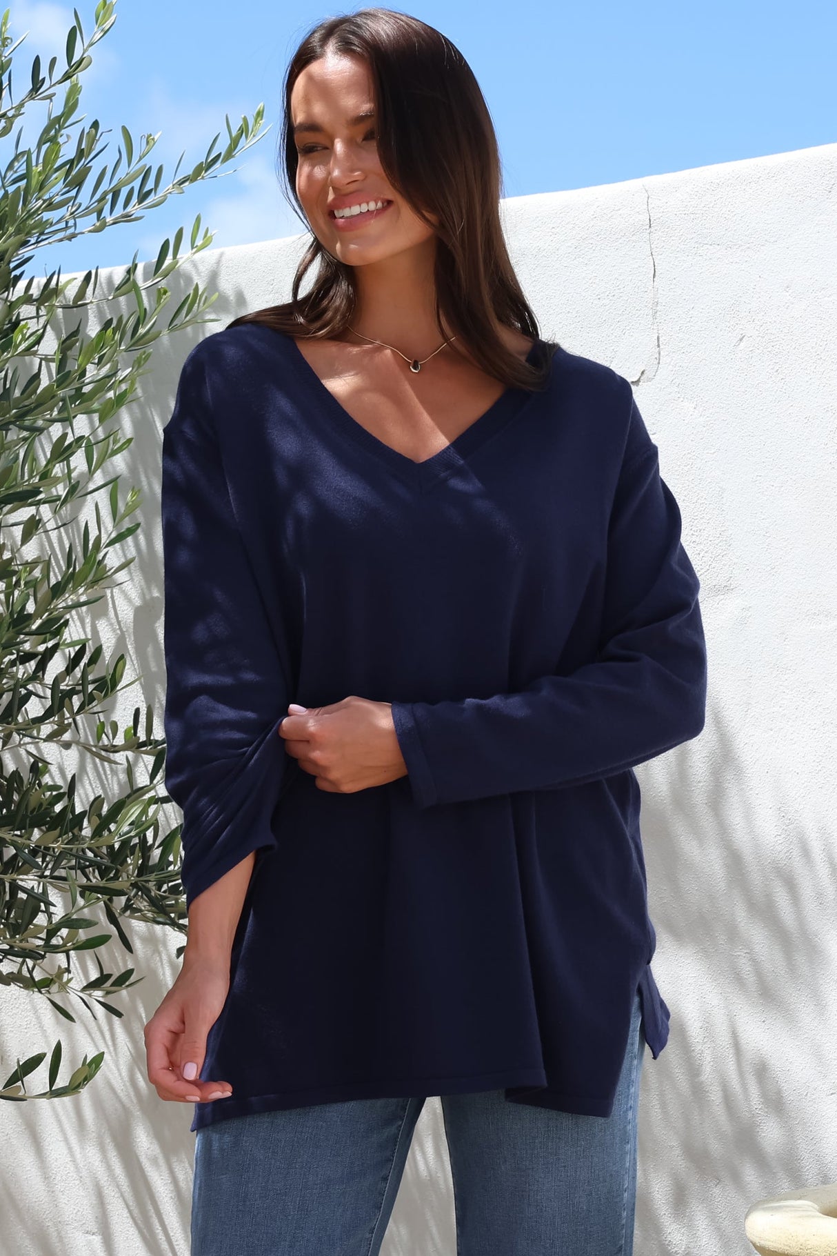 Mayanna Jumper - Light Weight V Neck Knit Jumper with Side Splits in Navy