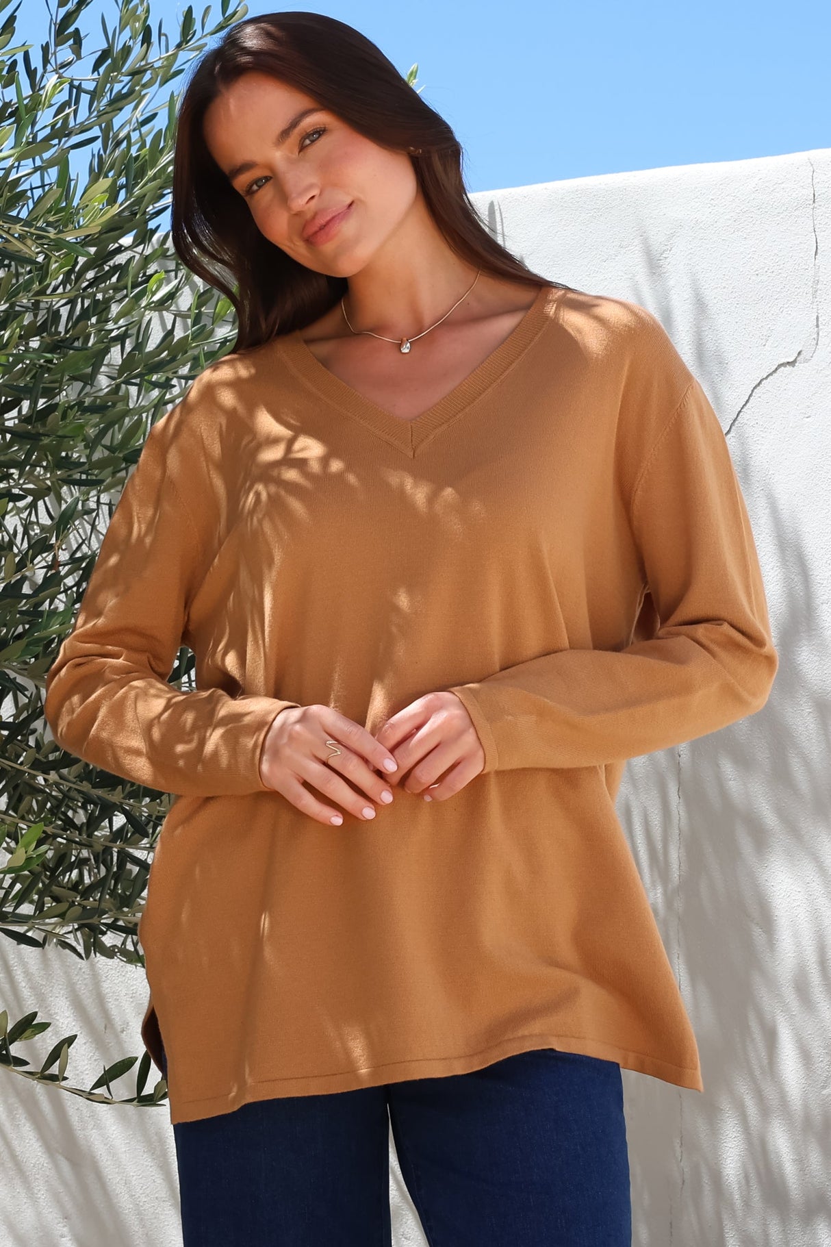 Model wearing Mayanna Jumper in Rust from Salty Crush