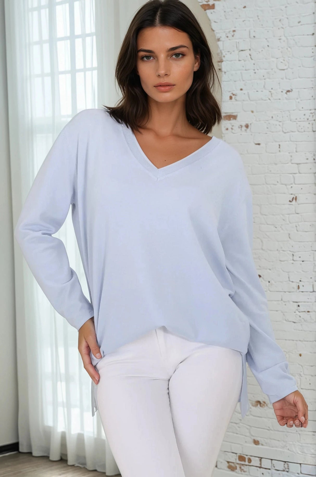 Mayanna Jumper - Light Weight V Neck Knit Jumper with Side Splits in Sky Blue