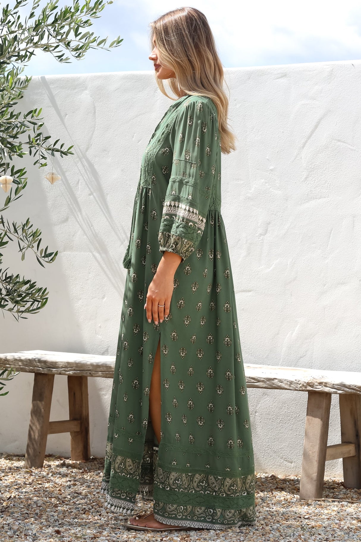 JAASE - Meadow Maxi Dress: Lace Insert Detailed Dress with Side Splits in Viridian Print