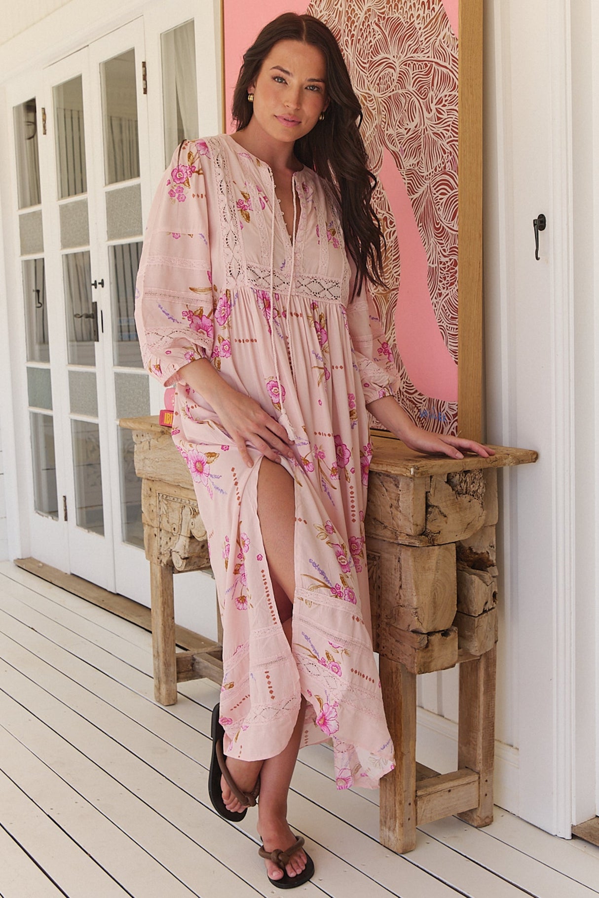 JAASE - Meadow Maxi Dress: Lace Insert Detailed Dress with Side Splits in Blushing Fields Print