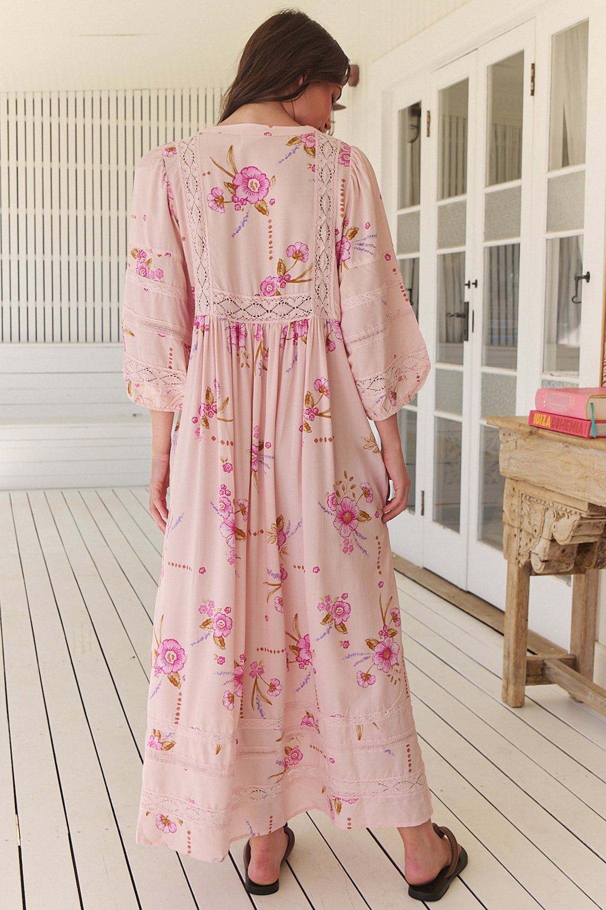 JAASE - Meadow Maxi Dress: Lace Insert Detailed Dress with Side Splits in Blushing Fields Print