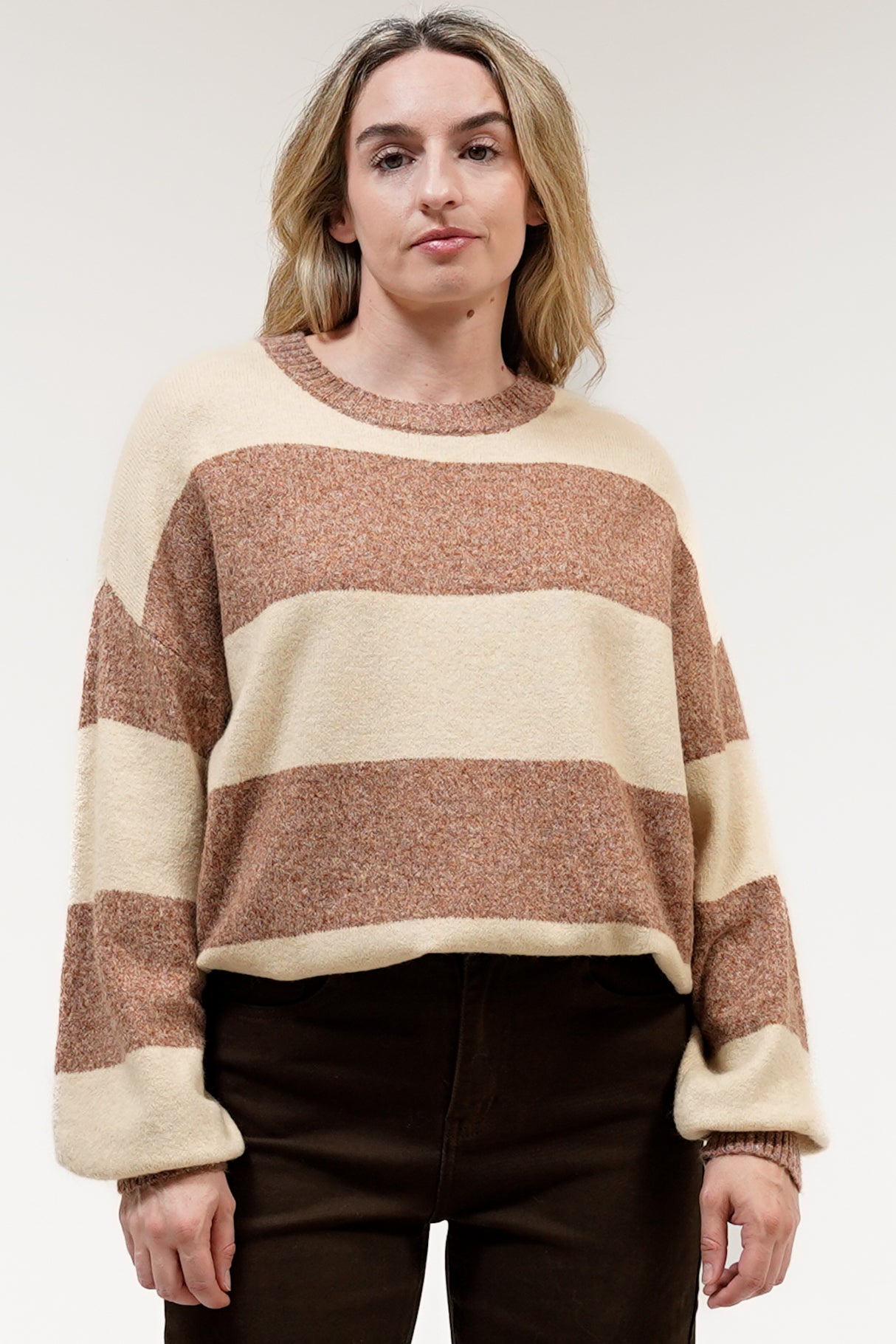 Mekah Jumper - Crew Neck Stripe Knit with Balloon Sleeves in Beige/Tobacco