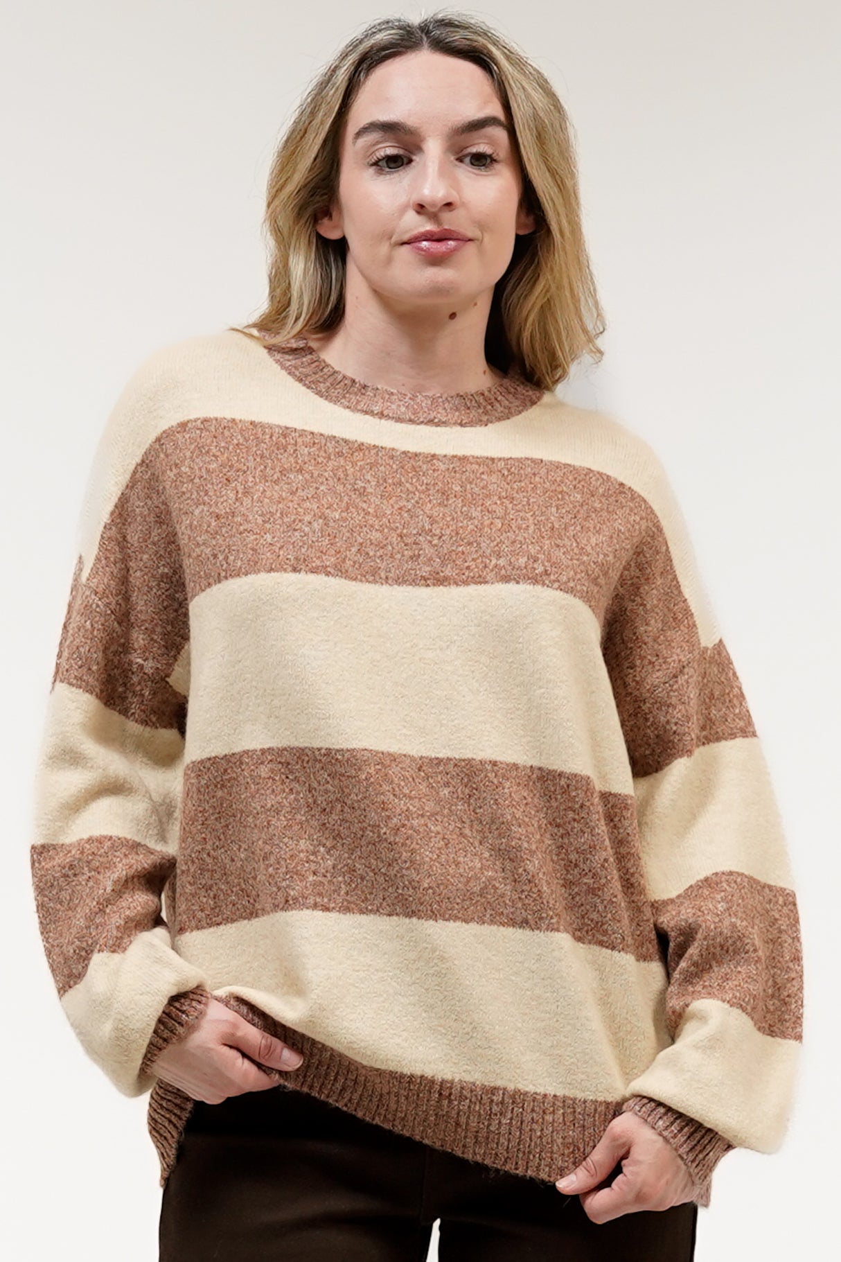Mekah Jumper - Crew Neck Stripe Knit with Balloon Sleeves in Beige/Tobacco