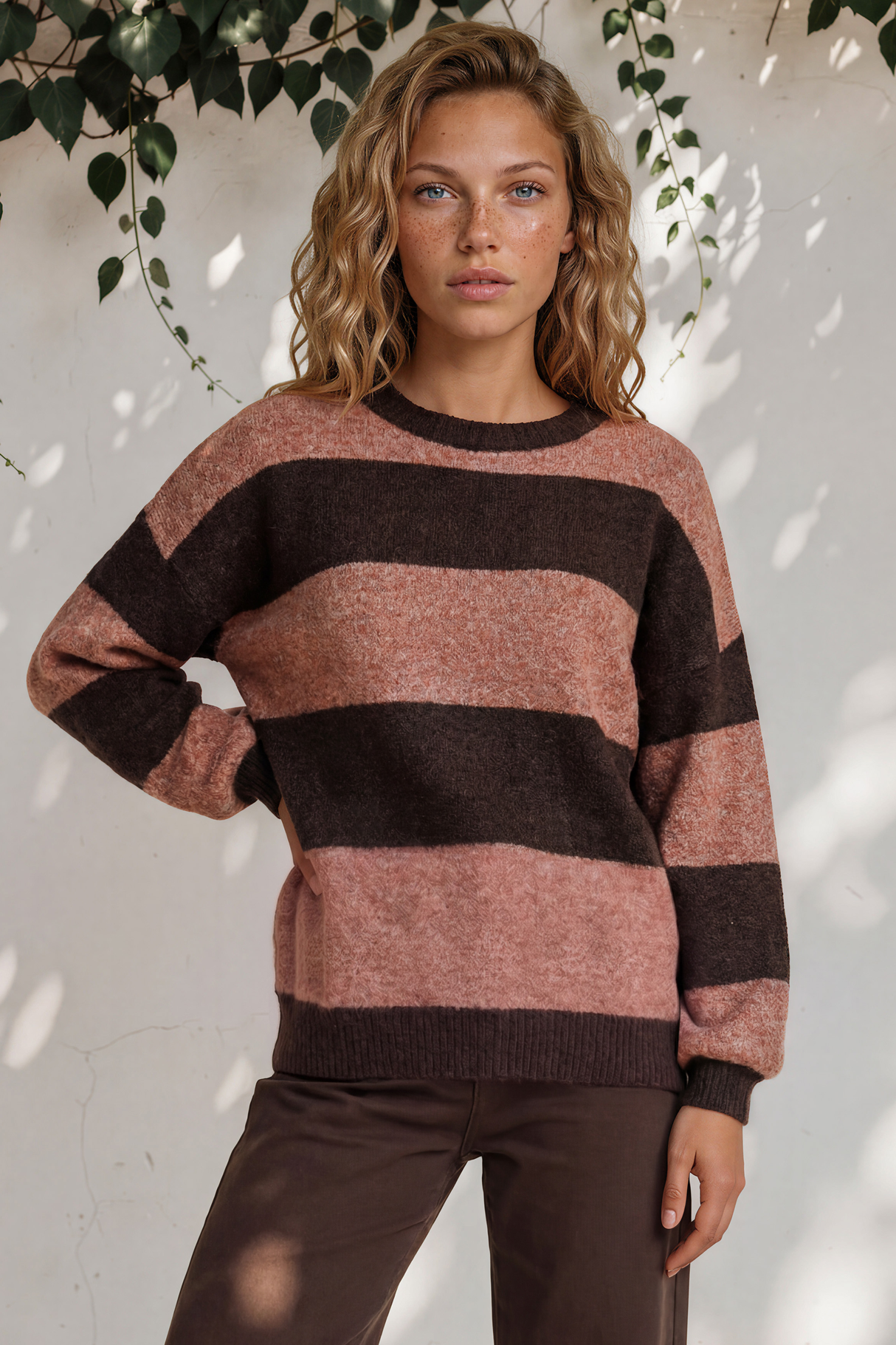 Model wearing Mekah Jumper in Chocolate/Tobacco from Salty Crush