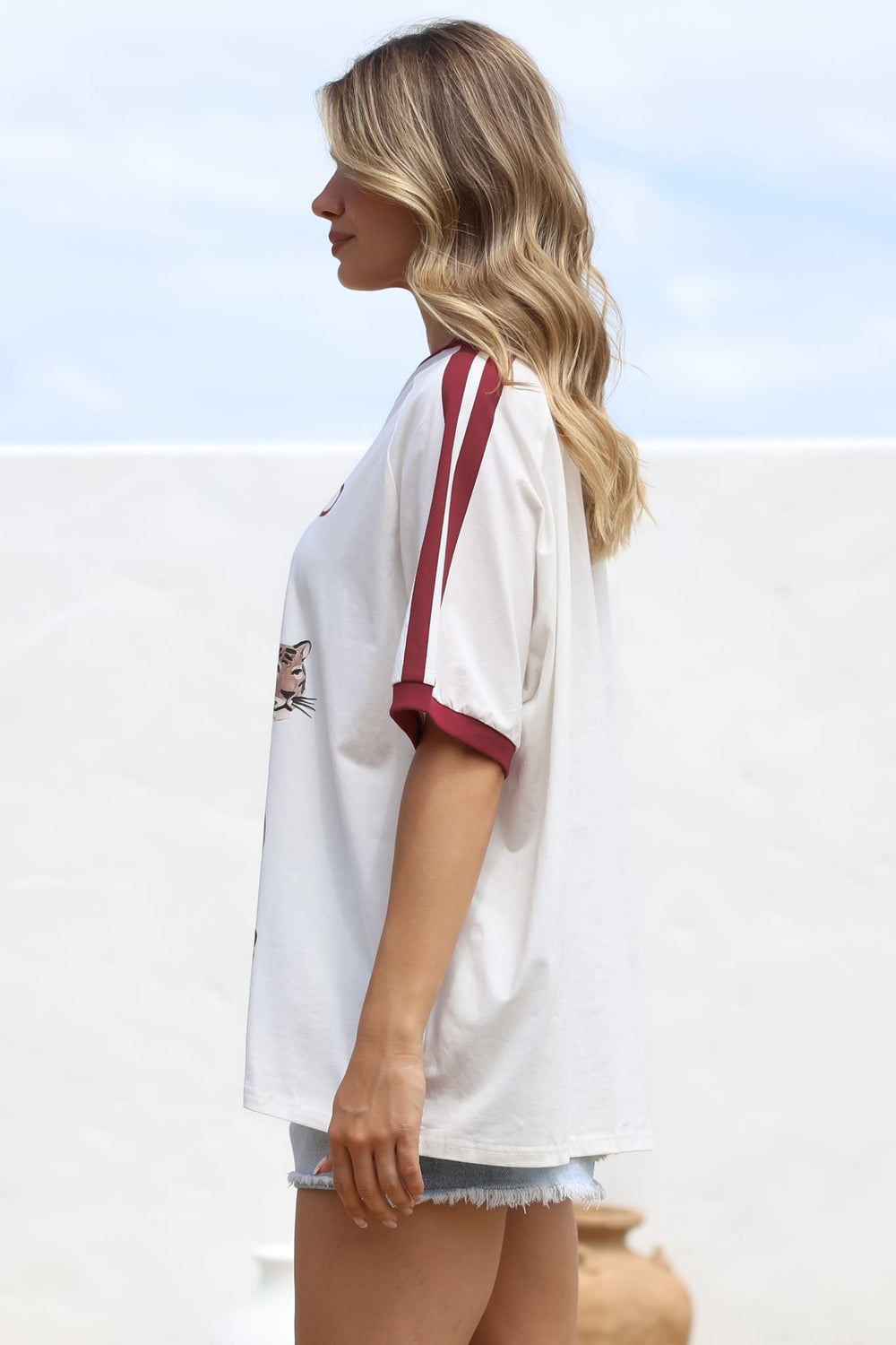 Mermaid Vino Club Tee - Graphic Print Short Sleeve T-Shirt with Racer Stripe Sleeves in White