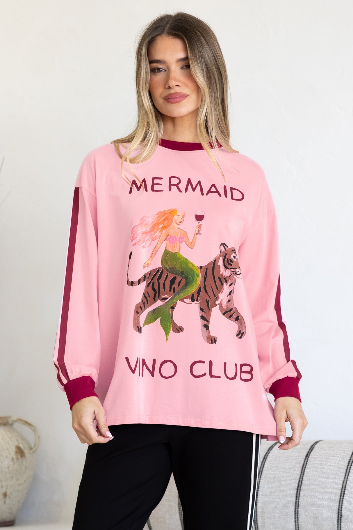 Mermaid Vino Long Sleeve Tee - Crew Neck Contrast Stripe Graphic T-Shirt in Pink