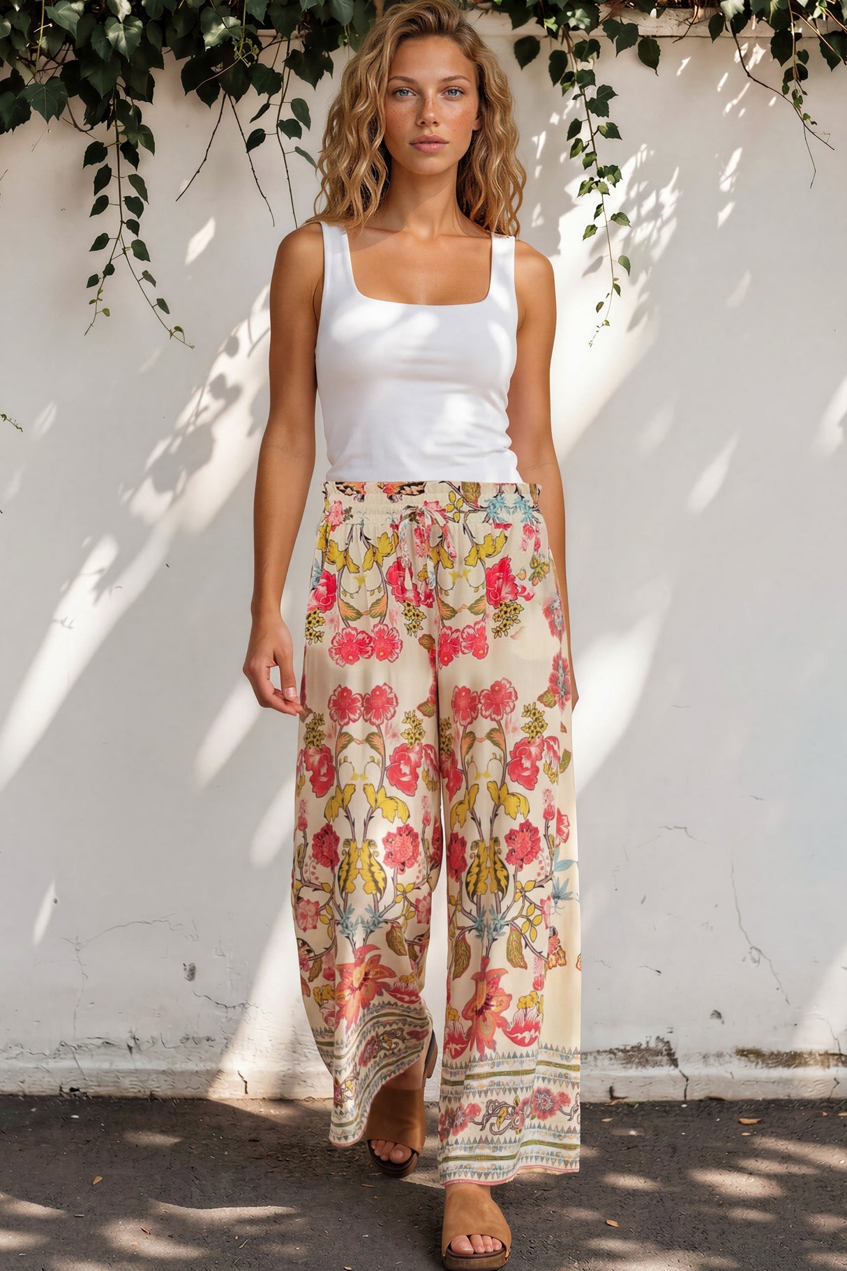 Model wearing Mezza Pants in Sweet Tea Print from Salty Crush