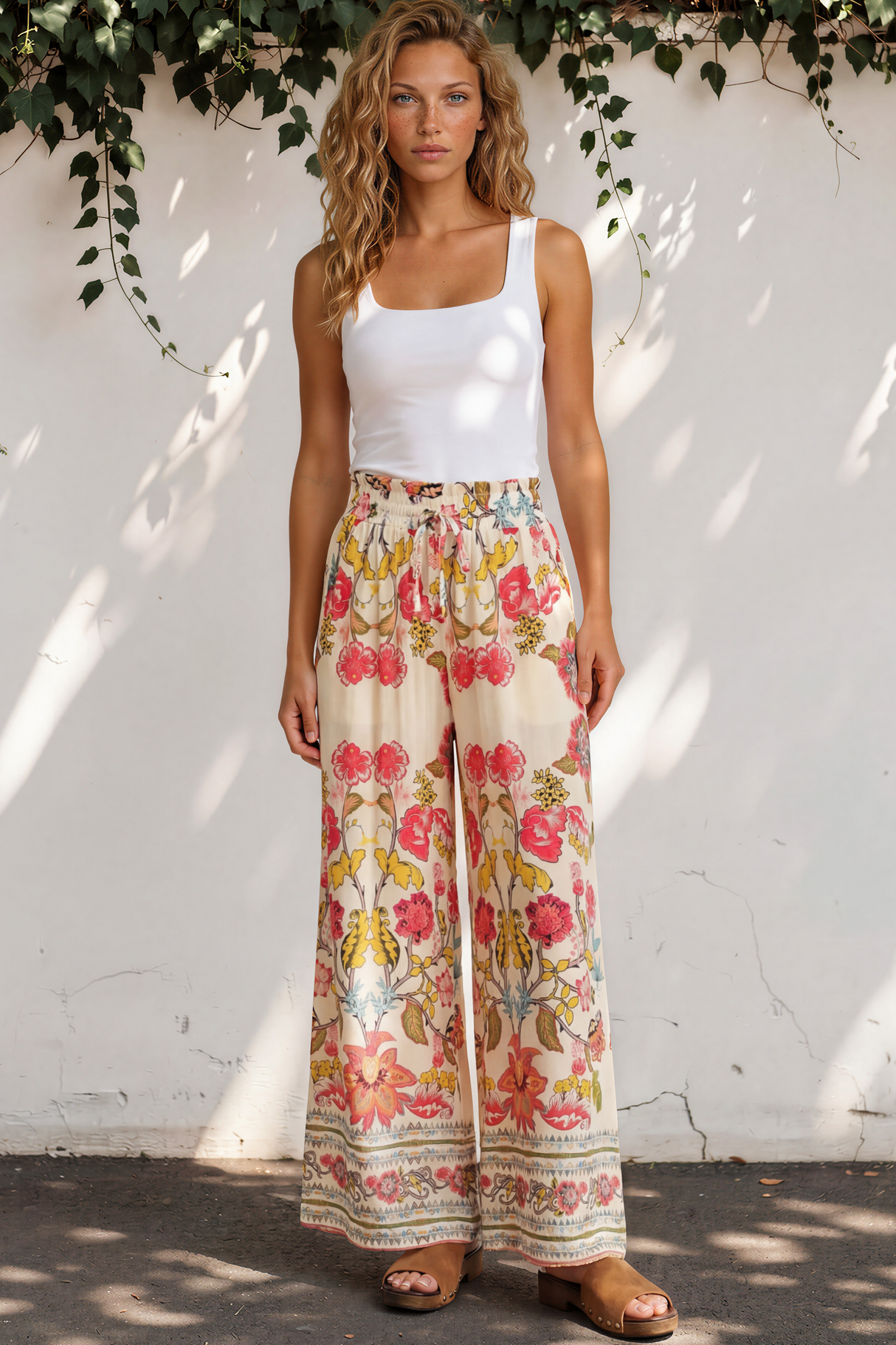 Model wearing Mezza Pants in Sweet Tea Print from Salty Crush