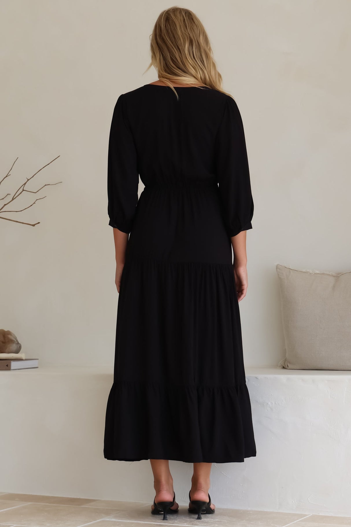 Mia Maxi Dress - V Neck 3/4 Sleeve Tiered Dress in Black