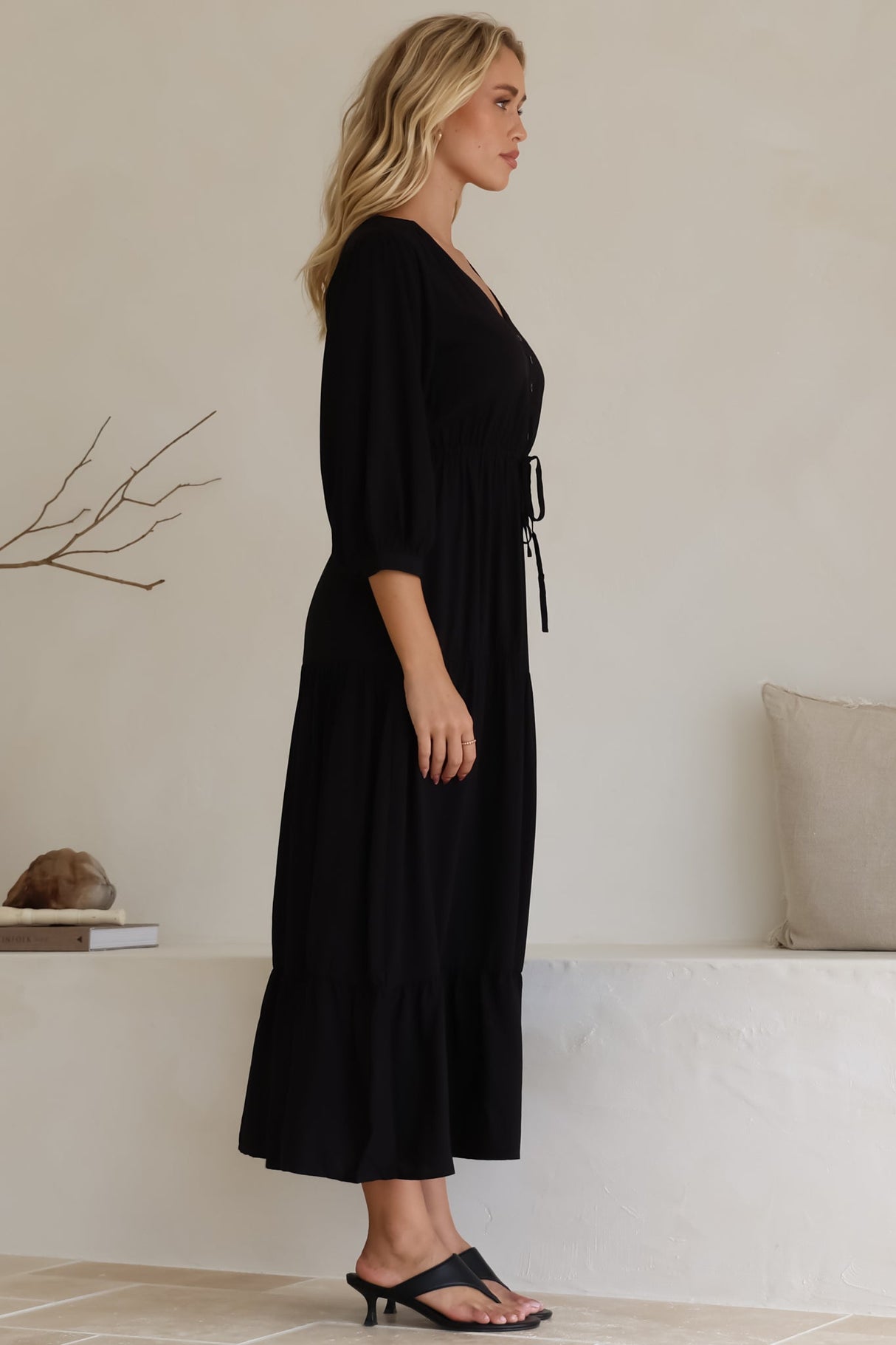 Mia Maxi Dress - V Neck 3/4 Sleeve Tiered Dress in Black