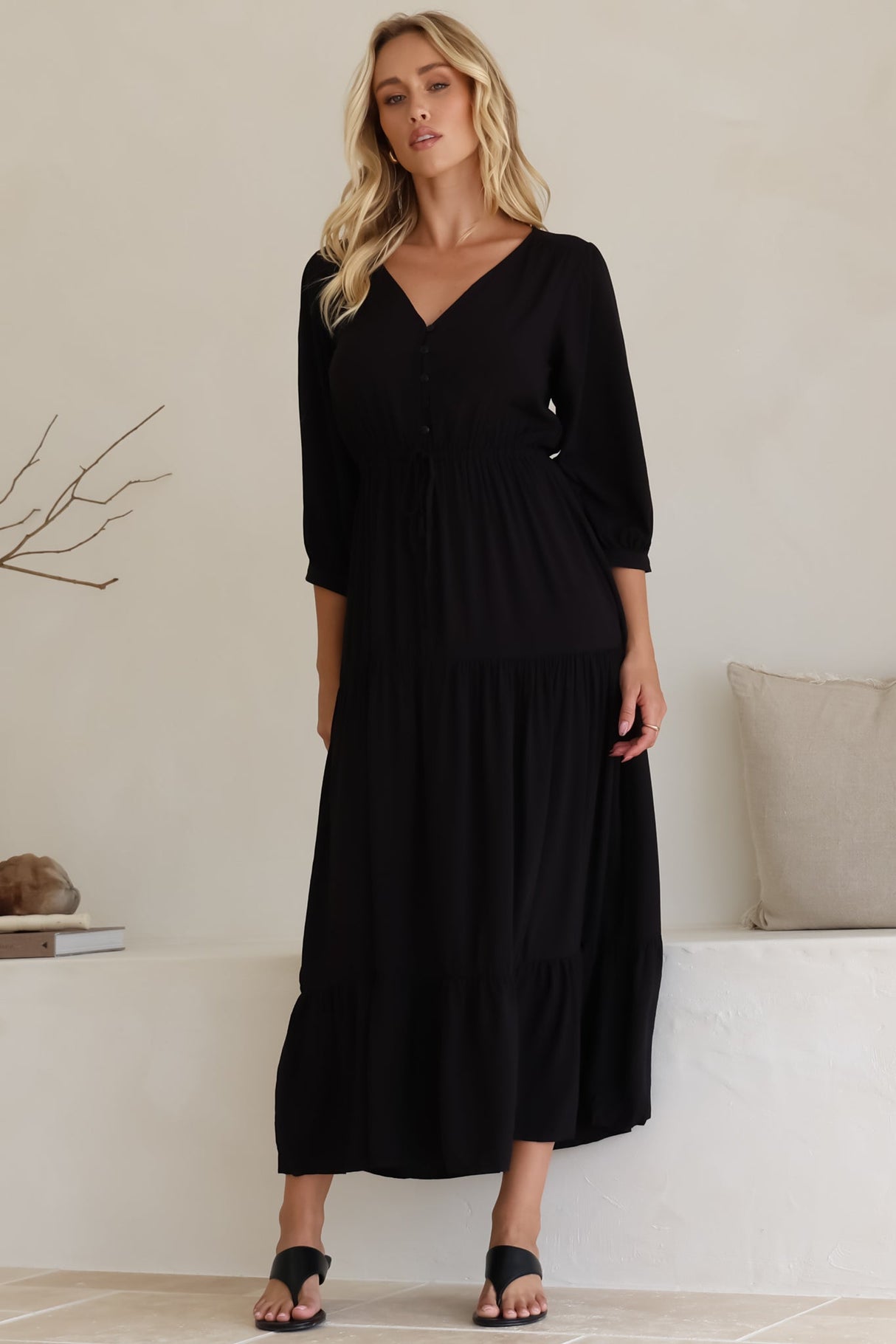 Mia Maxi Dress - V Neck 3/4 Sleeve Tiered Dress in Black