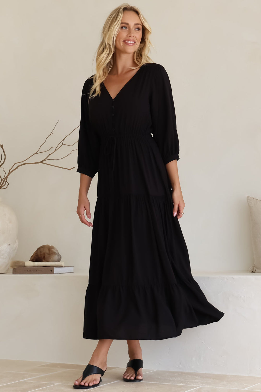 Mia Maxi Dress - V Neck 3/4 Sleeve Tiered Dress in Black