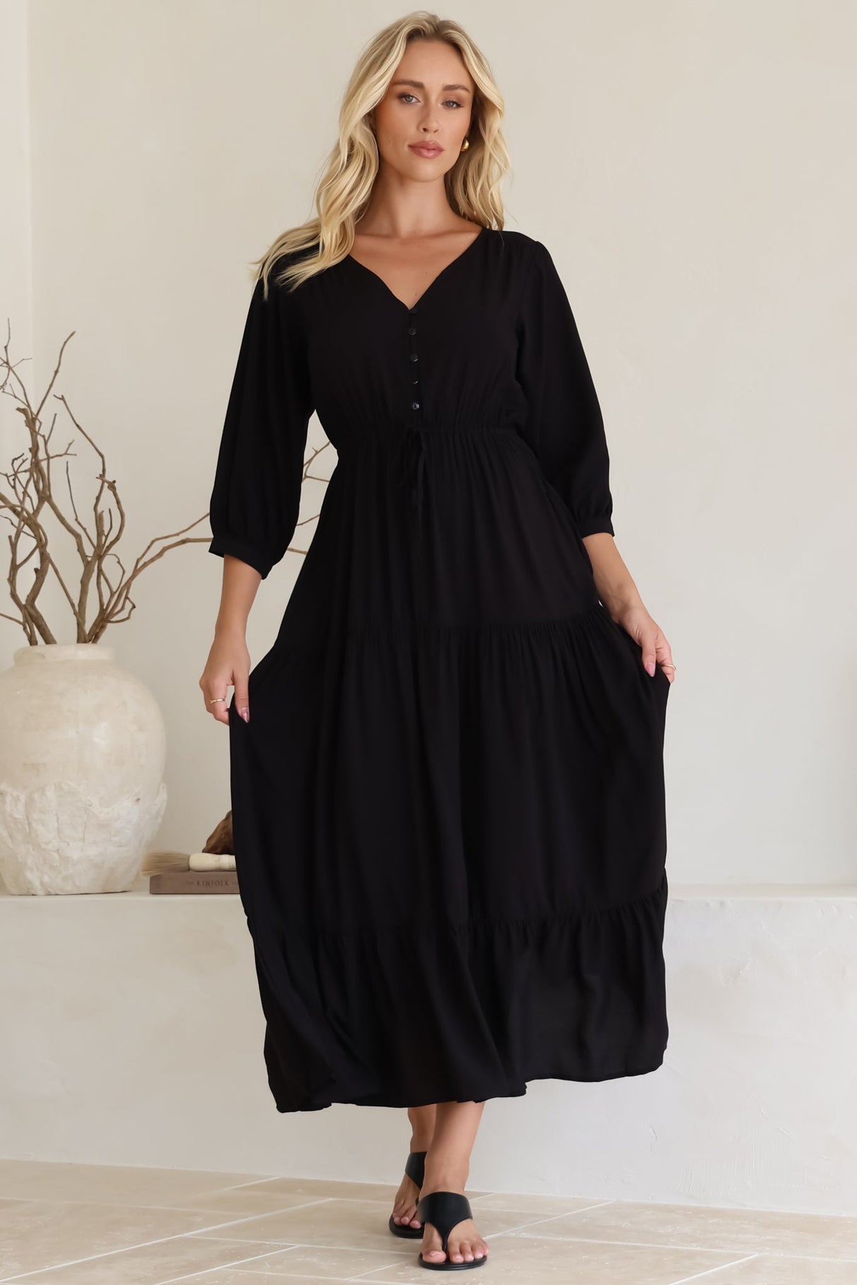 Mia Maxi Dress - V Neck 3/4 Sleeve Tiered Dress in Black
