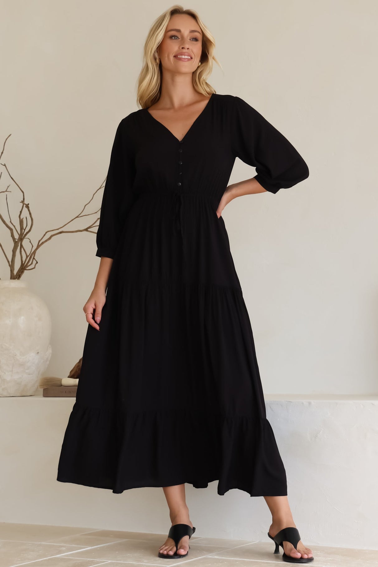 Mia Maxi Dress - V Neck 3/4 Sleeve Tiered Dress in Black
