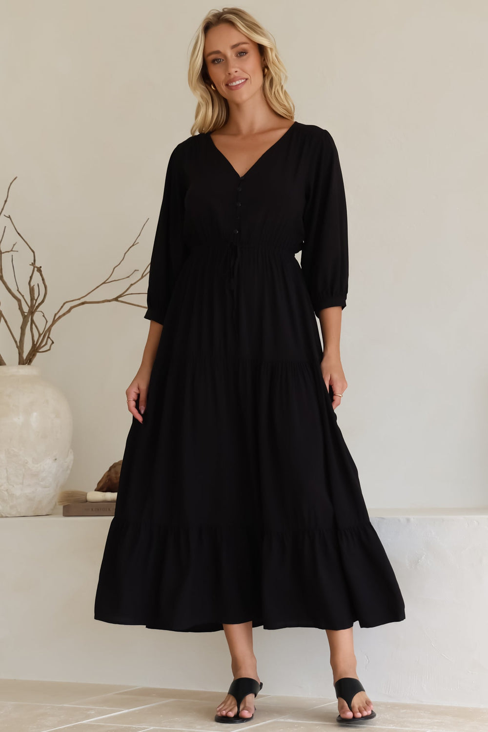Mia Maxi Dress - V Neck 3/4 Sleeve Tiered Dress in Black