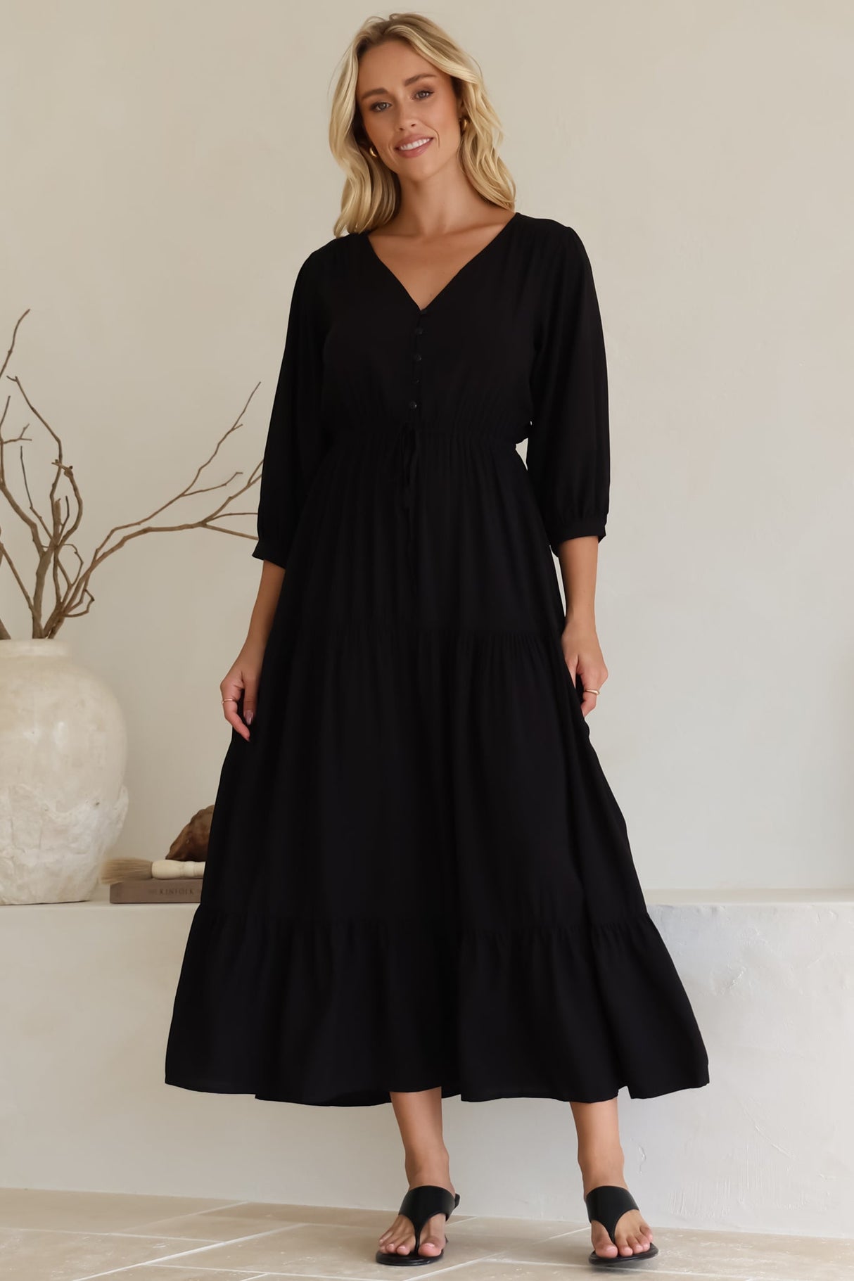 Mia Maxi Dress - V Neck 3/4 Sleeve Tiered Dress in Black