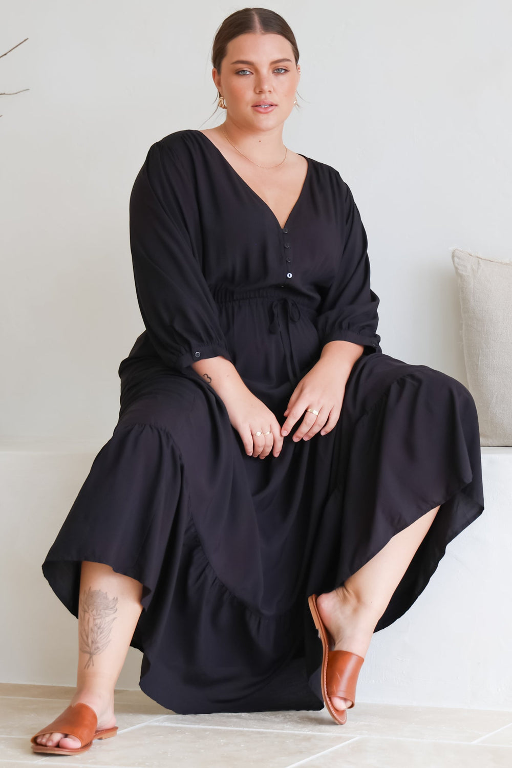 Mia Maxi Dress - V Neck 3/4 Sleeve Tiered Dress in Black