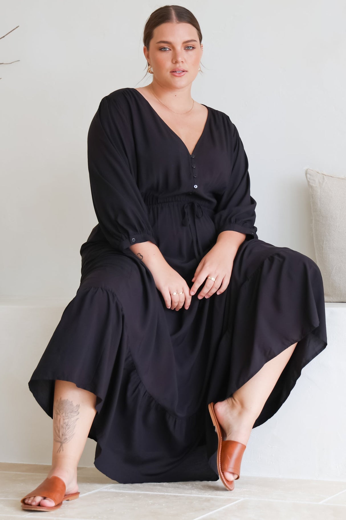 Mia Maxi Dress - V Neck 3/4 Sleeve Tiered Dress in Black
