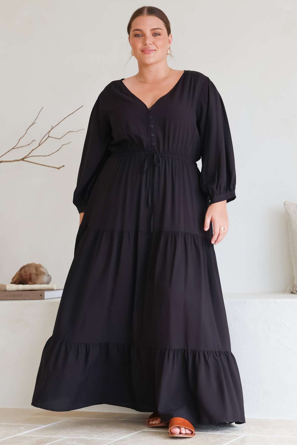 Mia Maxi Dress - V Neck 3/4 Sleeve Tiered Dress in Black