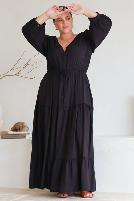 Mia Maxi Dress - V Neck 3/4 Sleeve Tiered Dress in Black