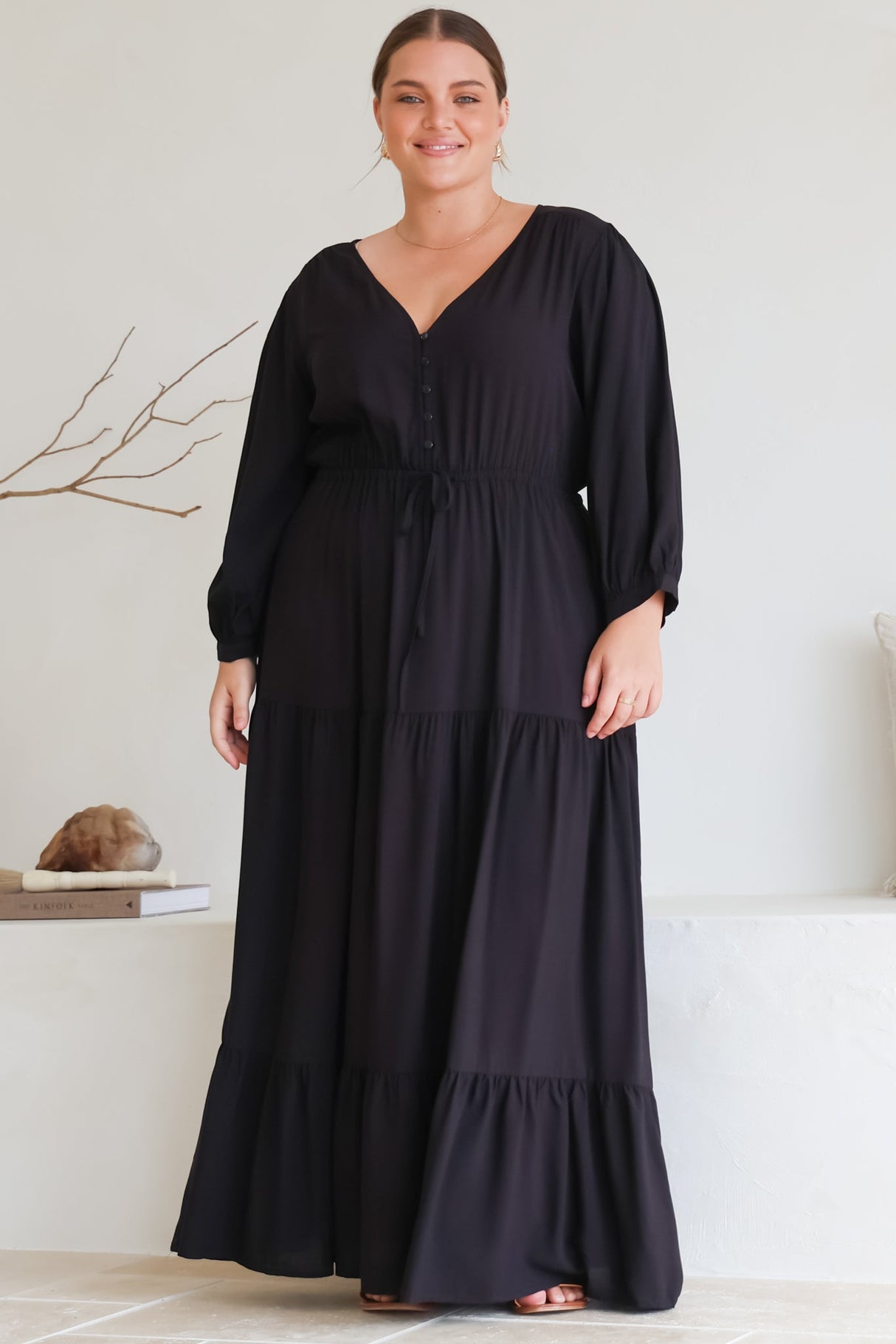 Mia Maxi Dress - V Neck 3/4 Sleeve Tiered Dress in Black