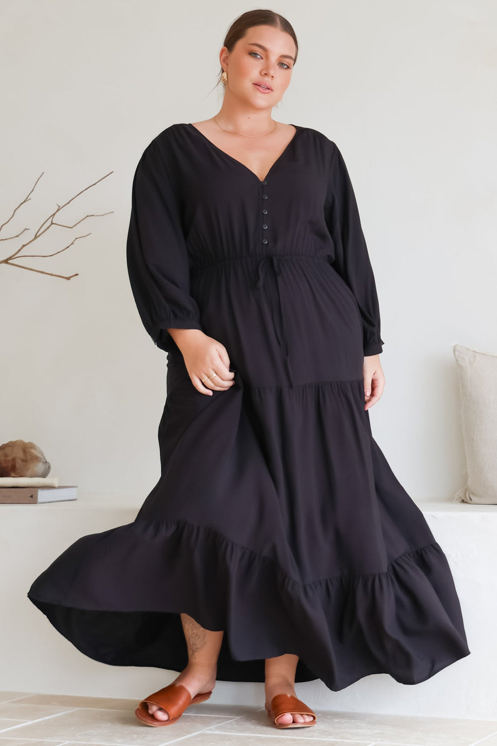 Mia Maxi Dress - V Neck 3/4 Sleeve Tiered Dress in Black