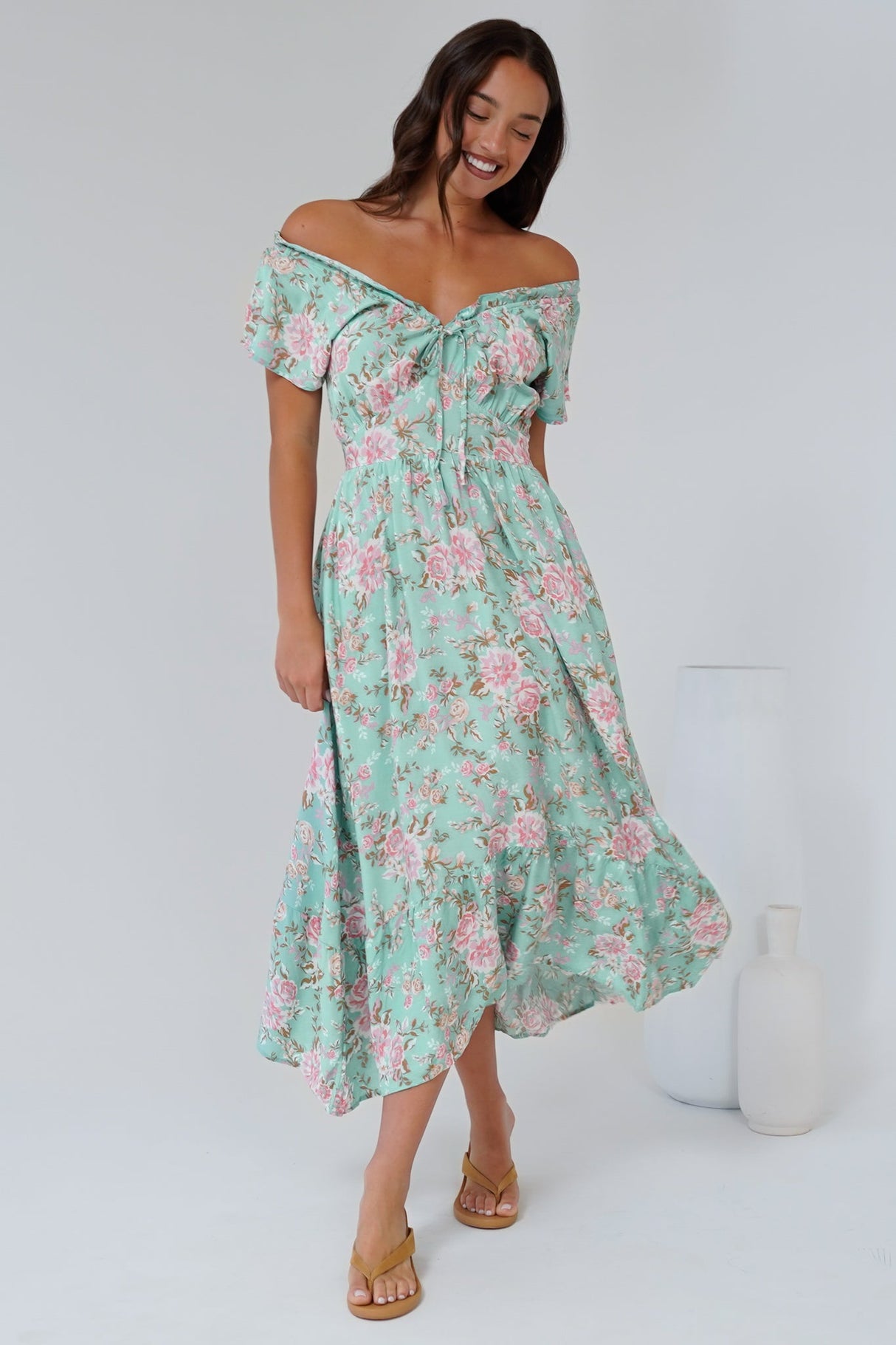 Micalea Midi Dress - On or Off Shoulder Tie Back A Line Dress in Seeka Print