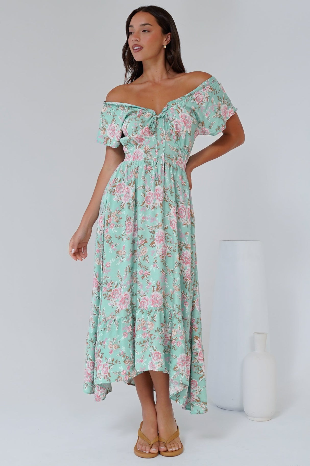 Micalea Midi Dress - On or Off Shoulder Tie Back A Line Dress in Seeka Print
