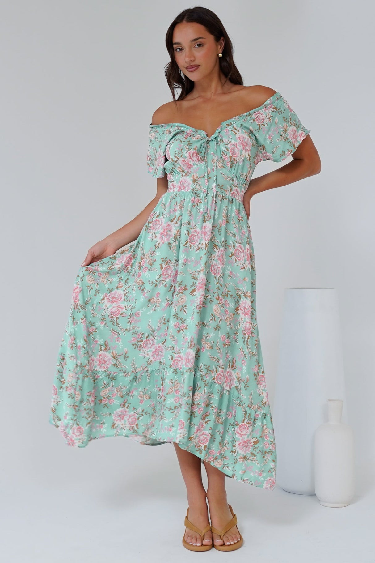 Micalea Midi Dress - On or Off Shoulder Tie Back A Line Dress in Seeka Print