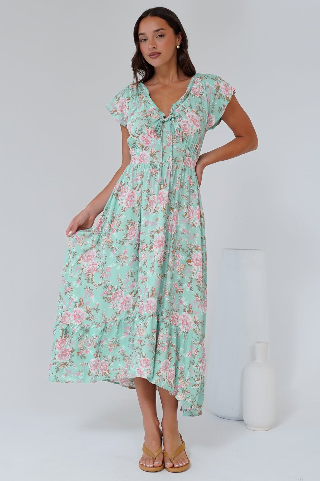 Micalea Midi Dress - On or Off Shoulder Tie Back A Line Dress in Seeka Print