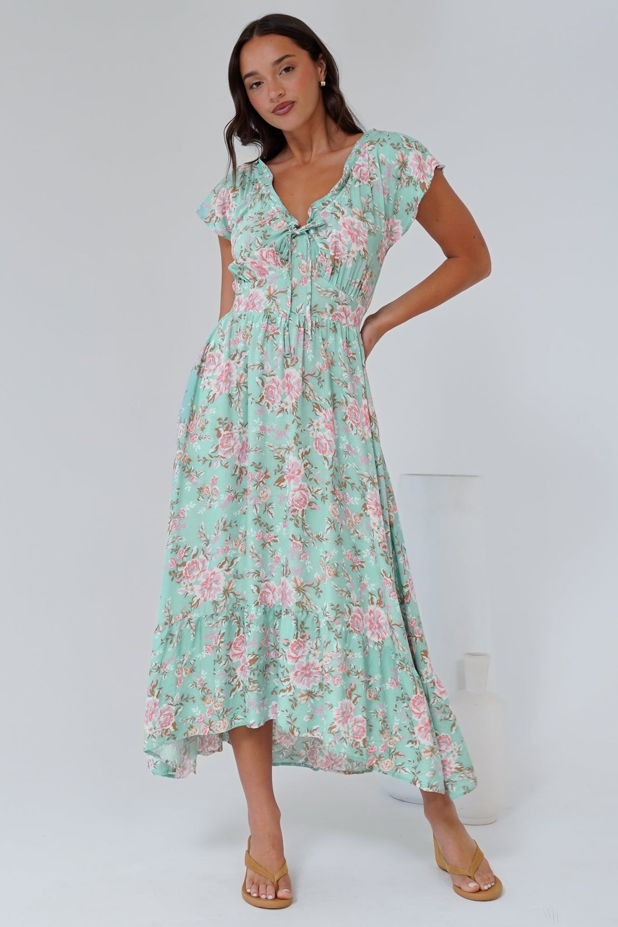 Micalea Midi Dress - On or Off Shoulder Tie Back A Line Dress in Seeka Print