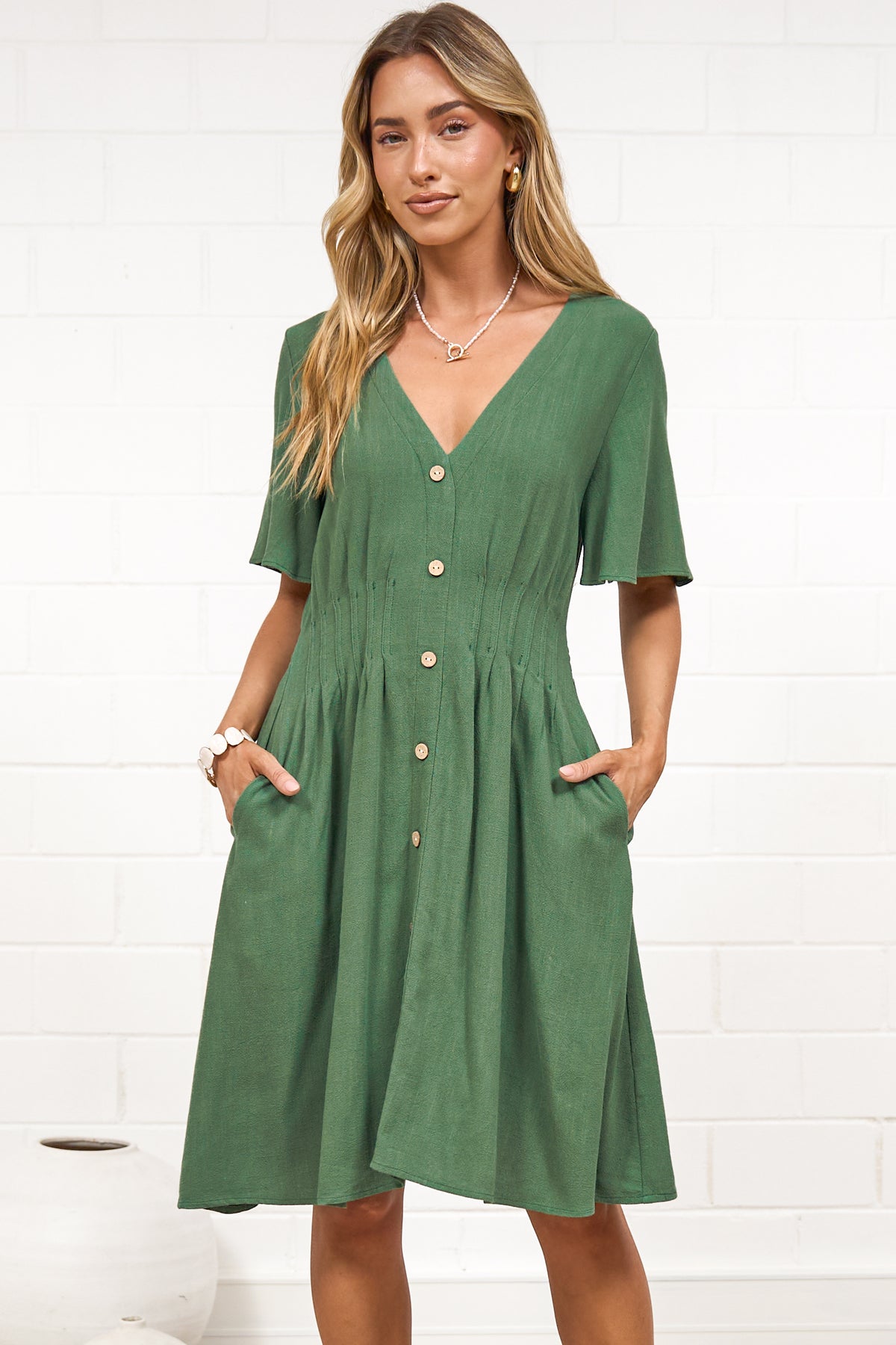 Karin Mini Dress - V Neck Flutter Sleeve Mini with Decorative Front Button Placket in Green