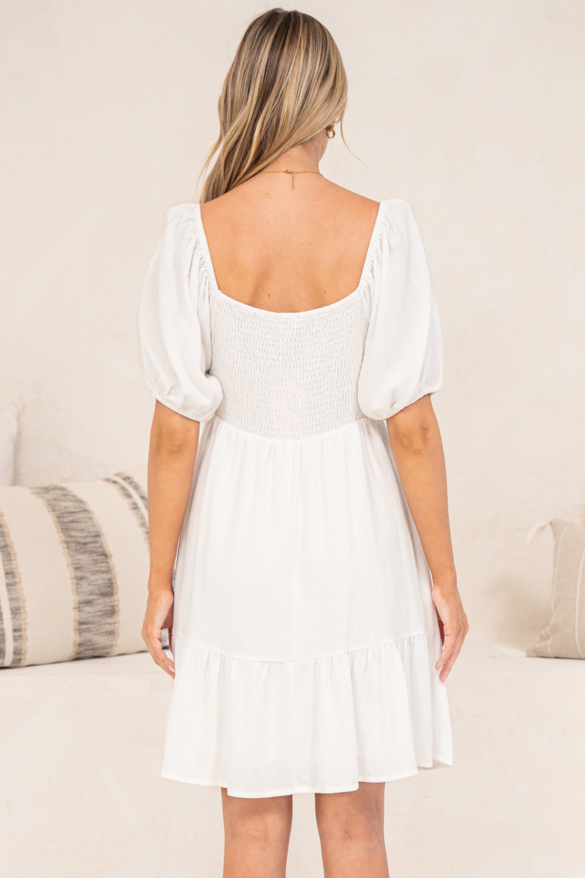 Michi Mini Dress - Sweetheart Neckline Mini with Tie Detail and Puff Sleeves in White