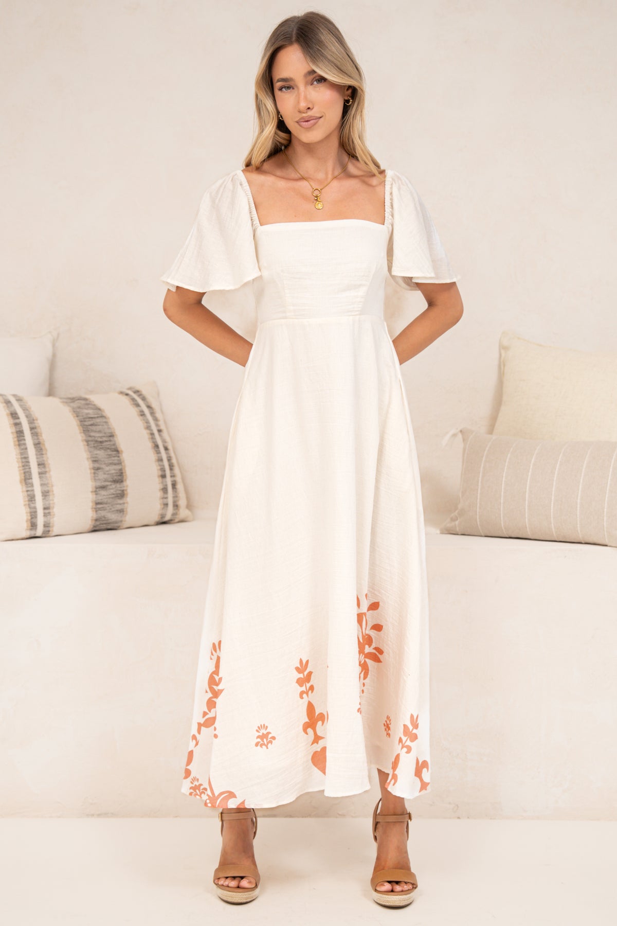 Miette Midi Dress - On or Off Shoulder A Line Dress with Border Print Hemline in Serenoa Print