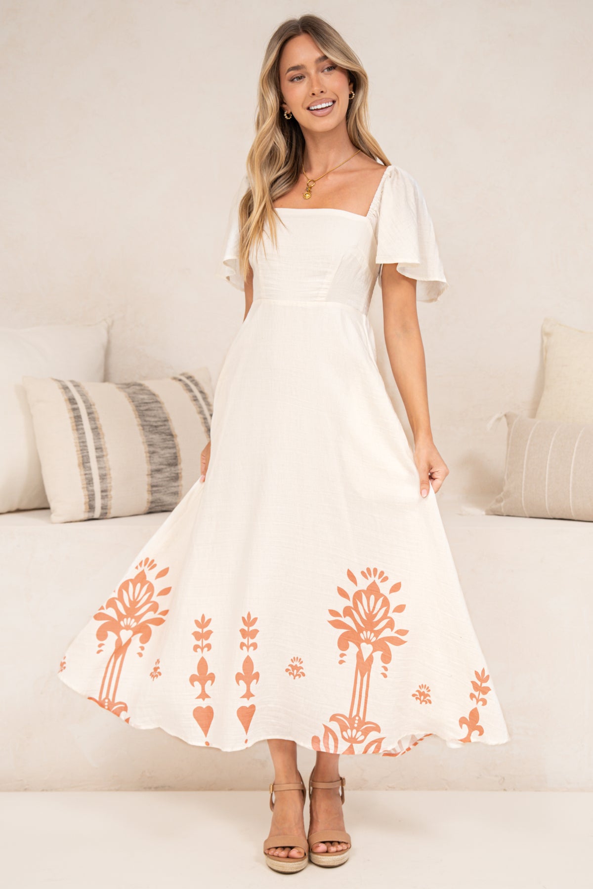 Miette Midi Dress - On or Off Shoulder A Line Dress with Border Print Hemline in Serenoa Print