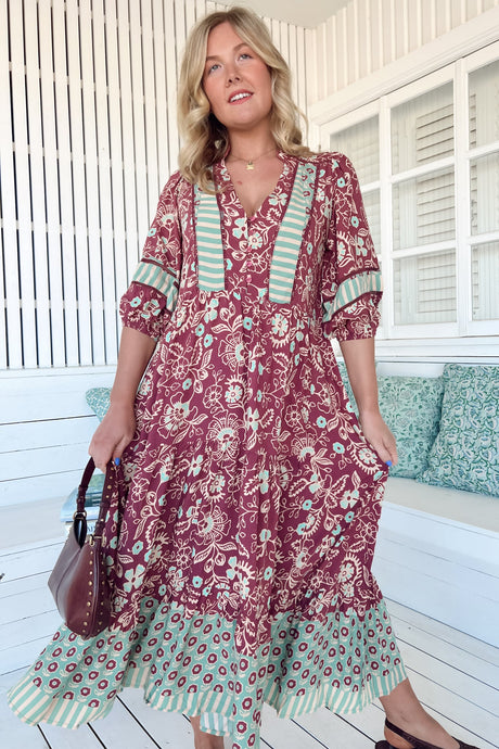 JAASE - Mila Midi Dress: Mandarin Collar Buttoned Bodice Tiered Dress in Athena Print