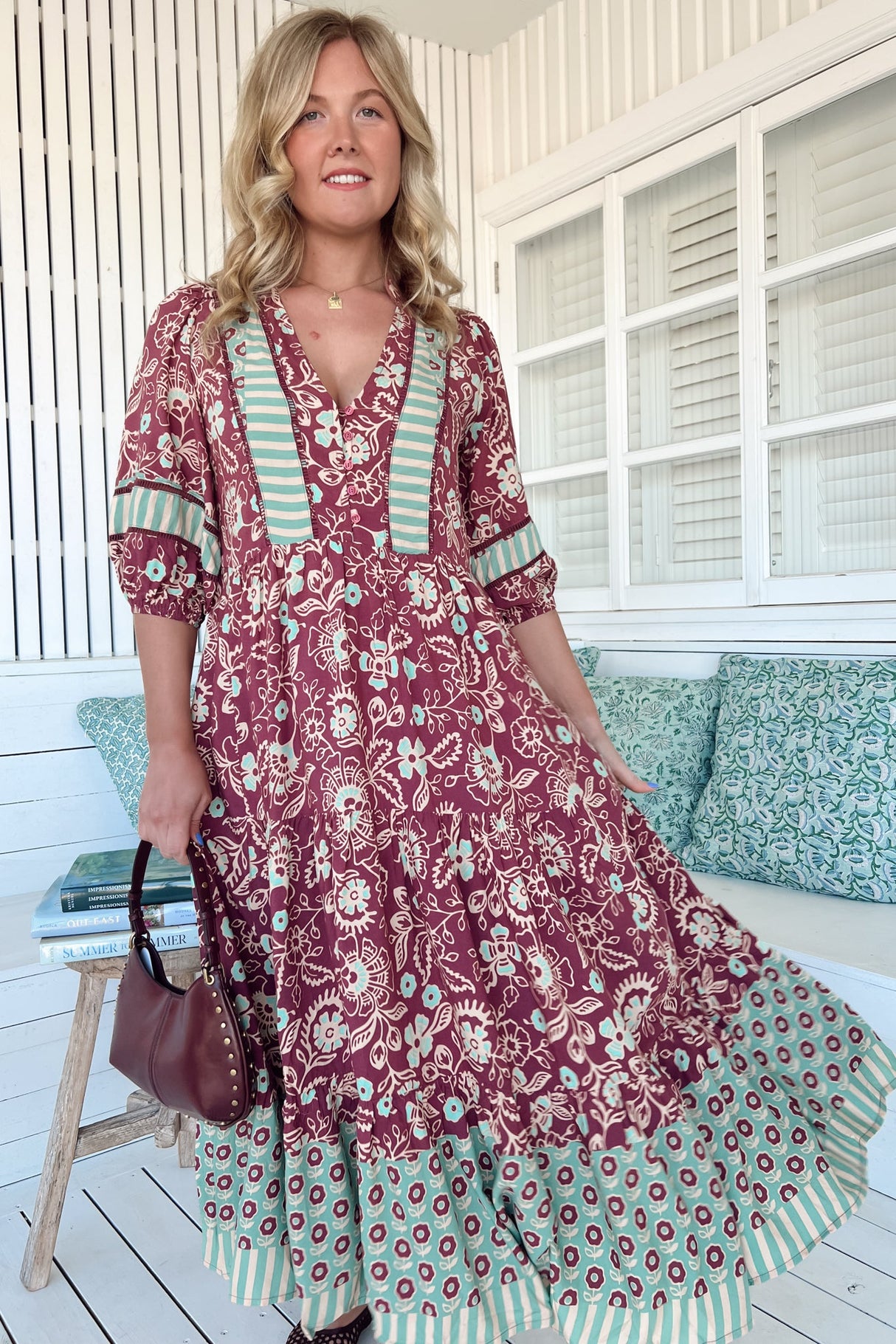 JAASE - Mila Midi Dress: Mandarin Collar Buttoned Bodice Tiered Dress in Athena Print