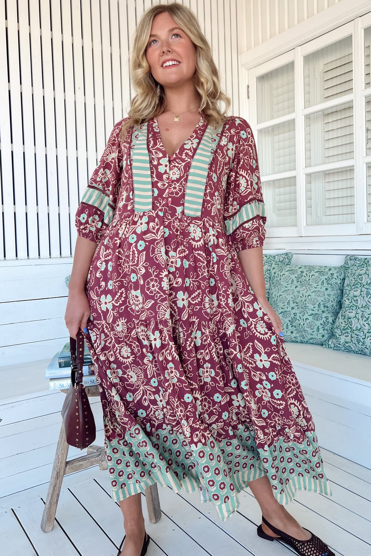 JAASE - Mila Midi Dress: Mandarin Collar Buttoned Bodice Tiered Dress in Athena Print