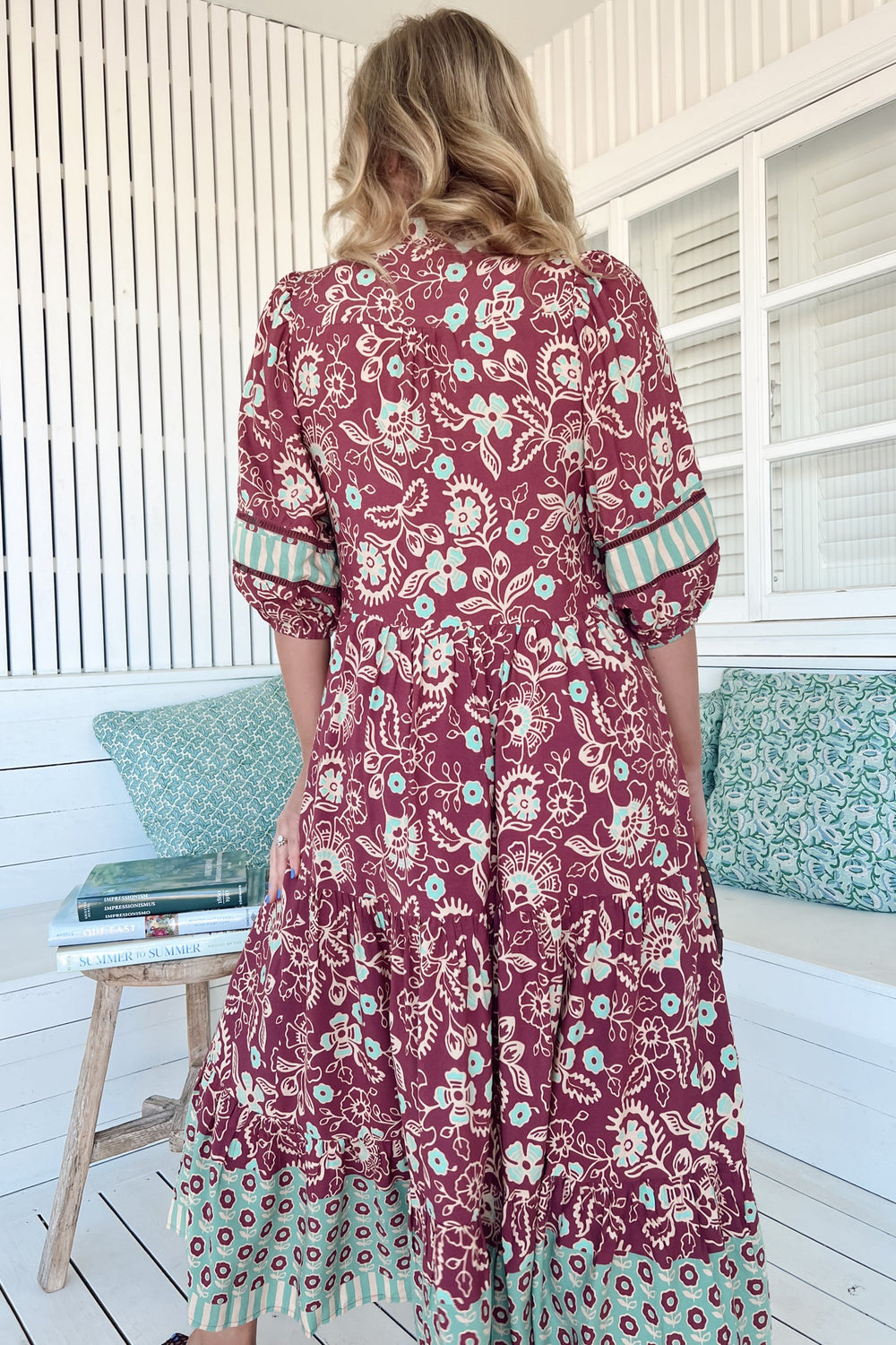 JAASE - Mila Midi Dress: Mandarin Collar Buttoned Bodice Tiered Dress in Athena Print