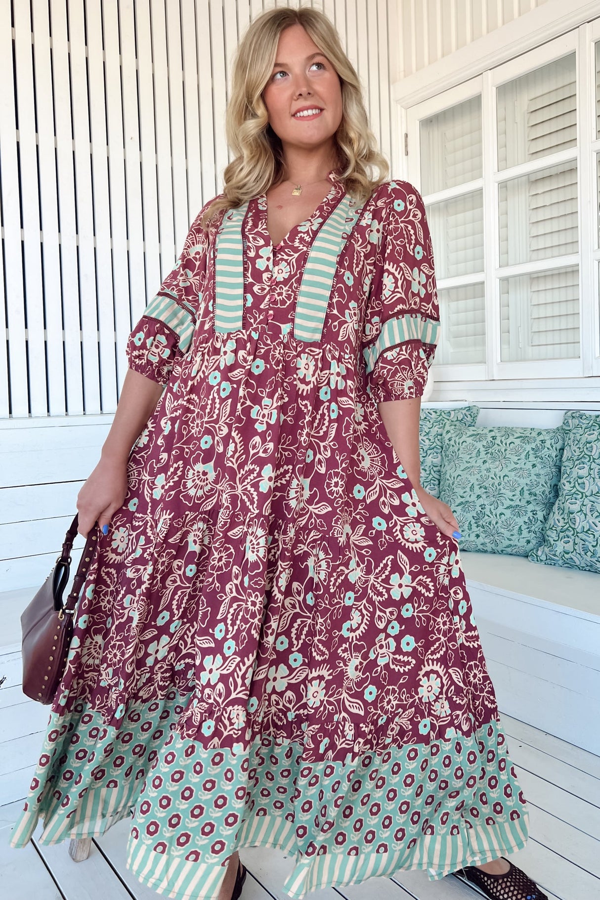 JAASE - Mila Midi Dress: Mandarin Collar Buttoned Bodice Tiered Dress in Athena Print